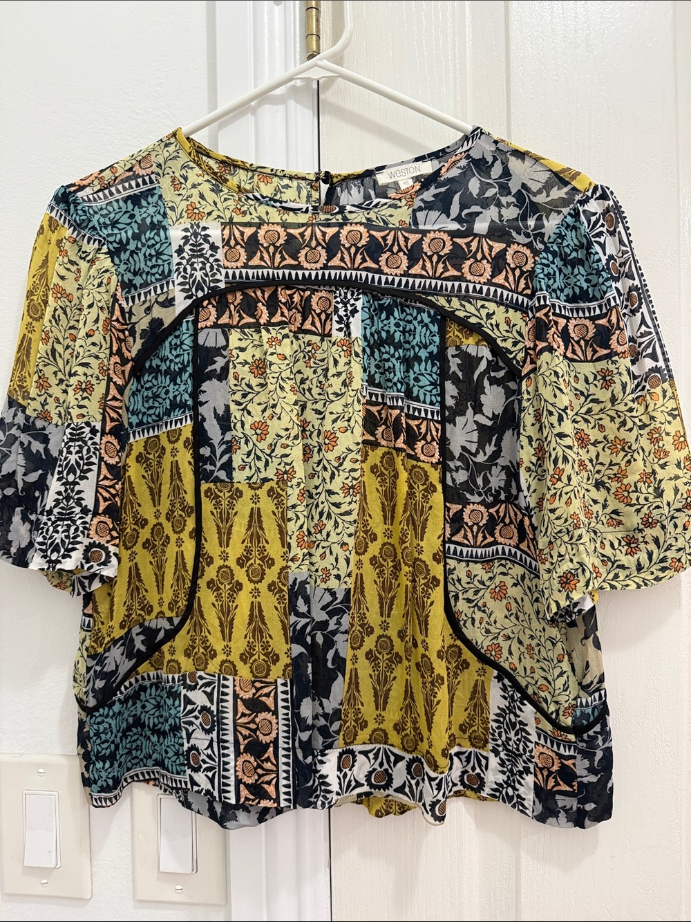 Weston Wear Patchwork Floral Blouse in Yellow, Green, Black